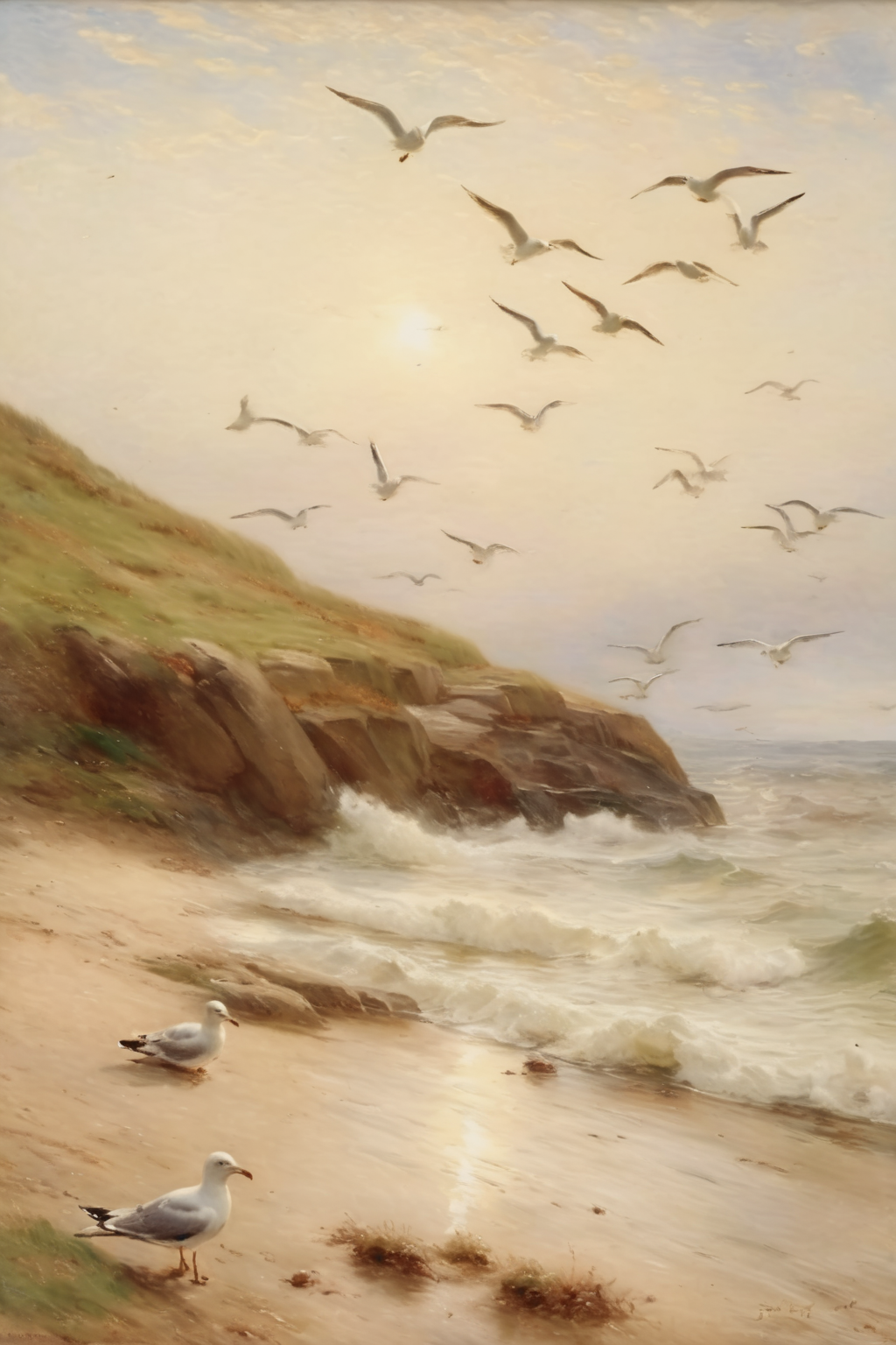 00326-720153537-_lora_Alfred Augustus Glendening style_1_Alfred Augustus Glendening style - A tranquil beach scene with seagulls soaring overhea.png